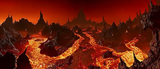 Lava flow is shown in a red and orange landscape