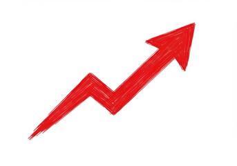 Hand drawn red arrow pointing upwards on white background showing growth