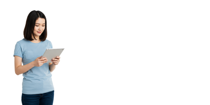 Young asian Woman in Gray Shirt Using Tablet Against transparent Background, Emphasizing Focus, Simplicity, and Modern Digital Engagement