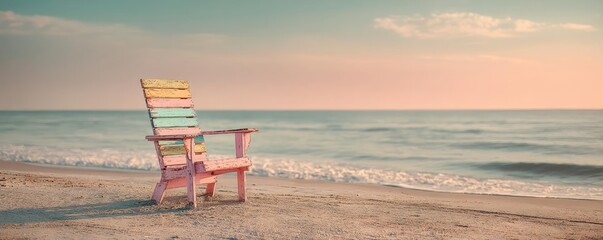 Pink summer vacation with pastel colours by the beach concept. A colorful chair rests peacefully on a serene beach shore.