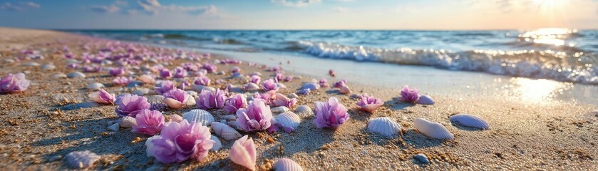Pink summer vacation with pastel colours by the beach concept. A serene beach at sunset adorned with colorful flower petals.