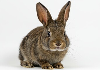 Fototapeta premium Portrait of a brown rabbit with long ears sitting on a white background