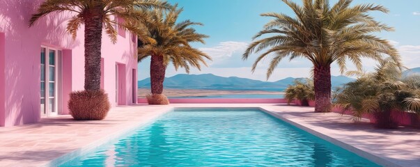 Fototapeta premium Pink summer vacation with pastel colours by the beach concept. Vibrant poolside view with palm trees and serene landscape.