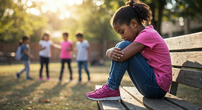 Sad lonely african american girl sitting alone on bench, hugging her knees, feeling excluded, left out or rejected by friends who are playing together out of focus in the background