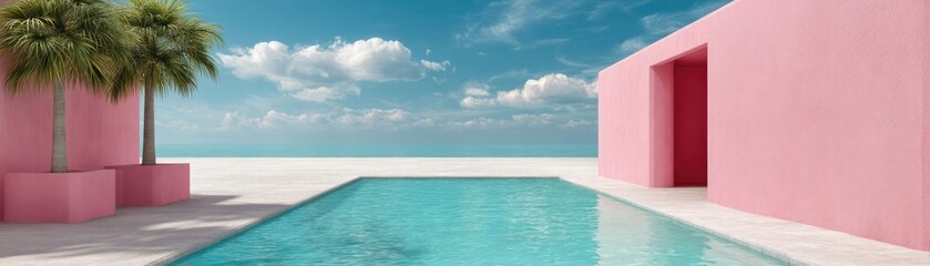 Fototapeta premium Pink summer vacation with pastel colours by the beach concept. Stylish pink building by a serene pool under a blue sky.