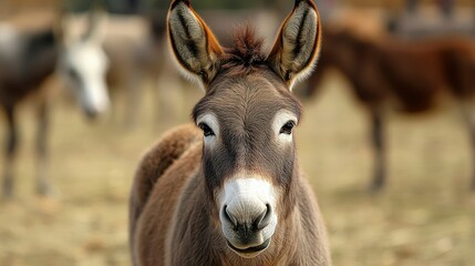 Fototapeta premium Portrait of a Donkey in a Field with Other Donkeys in the Background