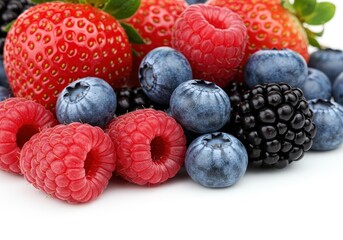 Close-up of fresh strawberries raspberries blueberries and blackberries on white