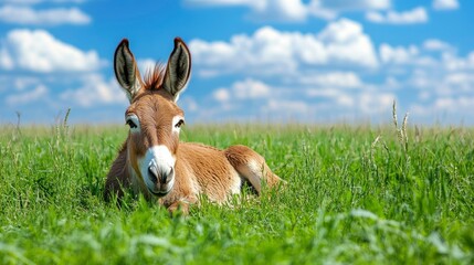Tranquil Donkey Resting in Lush Green Pasture Under a Blue Sky