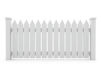 White picket fence sections with pointed tops on a white background, front view