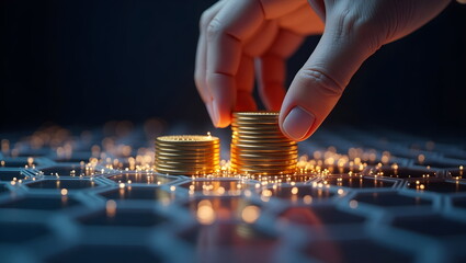 Organizing Coins on a Digital Hexagonal Grid - Financial Growth Concept