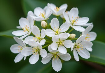 Obraz premium Close-up of white choisya flowers blooming with green leaves in the background