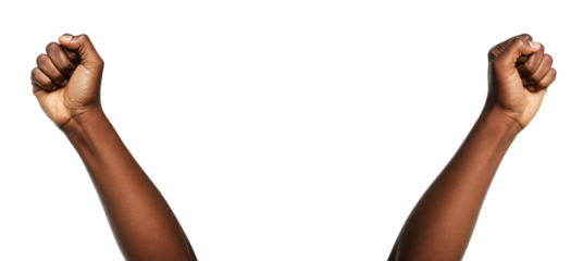 Raised Dark-Skinned Fist: A Close-Up of an Arm Extending Upward with a Clenched Fist, Isolated on a White Background, Symbolizing Strength