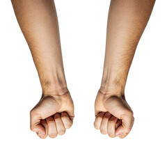 Two Downward Fists: Arms Extending Downwards with Clenched Hands Against a White Background, Suggesting Determination or Restraint