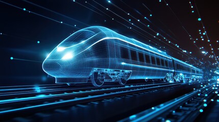 Futuristic high speed train digital wireframe model in motion