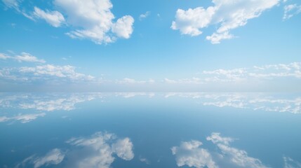 Fototapeta premium Clear blue sky with fluffy clouds reflected on a calm, mirror-like water surface, creating a serene and tranquil landscape.