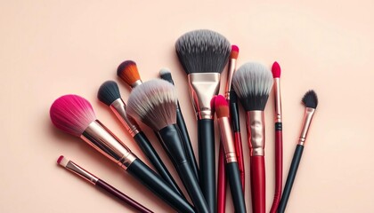 Elegant makeup brush arrangement on soft neutral background, ample copy space,  shadow, empty space
