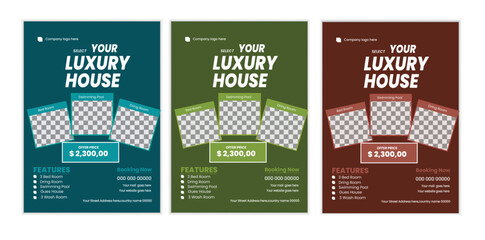  a bundle of 3 templates house sale flyer design, in blue color, and modern design,marketing,medical proposal, promotion, advertise, publication and editable vector template design.