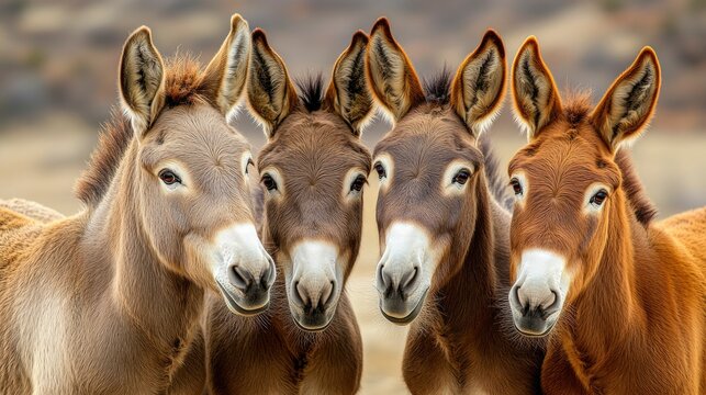 Four Kiang Donkeys Portrait - Wild Equine Family in the Highlands