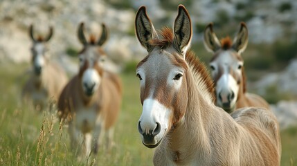 Fototapeta premium Herd of Donkeys Grazing in a Lush Green Meadow