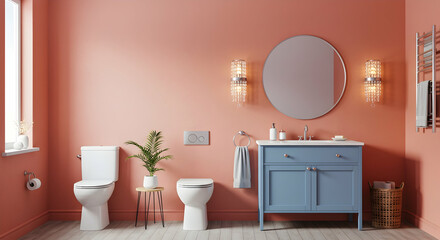 Modern Bathroom Interior with Coral Walls, Elegant Fixtures, and Plants