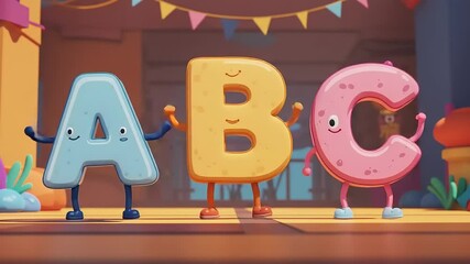 Colorful animated letters A, B, and C cheerfully standing together in a vibrant classroom setting