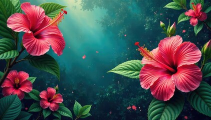 Bold hibiscus blossoms, lush tropical foliage, vibrant color splash, bold, print, background