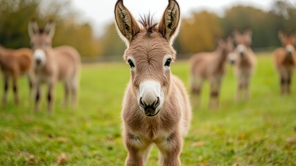 Fototapeta premium Adorable Donkey Foal in a Field with Herd