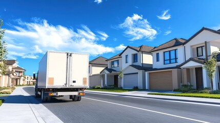 White delivery truck driving through modern suburban neighborhood on sunny day
