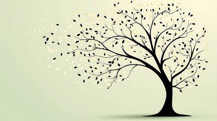 Silhouette of a stylized tree with falling leaves on soft green background