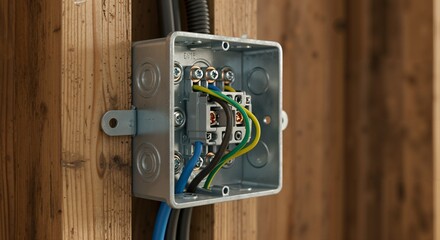 Close-up view of a metal electrical junction box mounted on a wooden wall, showing internal wiring connections with blue, black, and green/yellow wires secured by terminal blocks during installation.