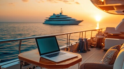 Obraz premium Laptop on yacht deck at sunset luxury travel lifestyle digital nomad remote work freedom concept golden hour ocean view