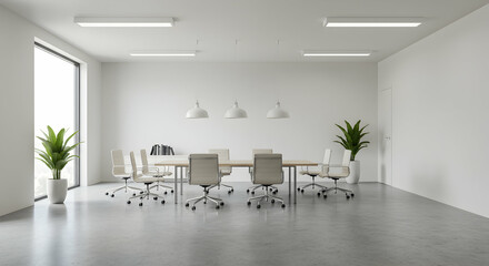Modern Minimalist Meeting Room with Large Windows and Plants
