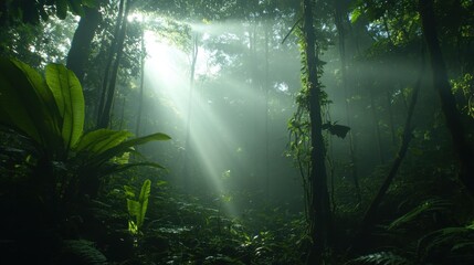 Sunbeams Illuminate Lush Green Rainforest Canopy