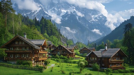 Fototapeta premium Beautiful Swiss mountain village with wooden chalets and blooming flowers high resolution picture