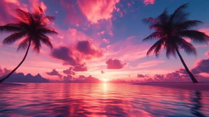 A stunning tropical sunset with vibrant pink and purple hues reflecting off calm waters, framed by silhouetted palm trees against a serene sky.