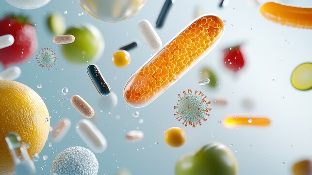 Colorful capsules and microorganisms floating in a vibrant, dynamic composition.