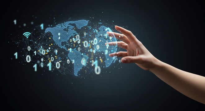 World Map with Data and Hand - Powered by Adobe