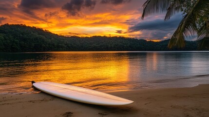 Tropical beach sunset with surfboard on the shore