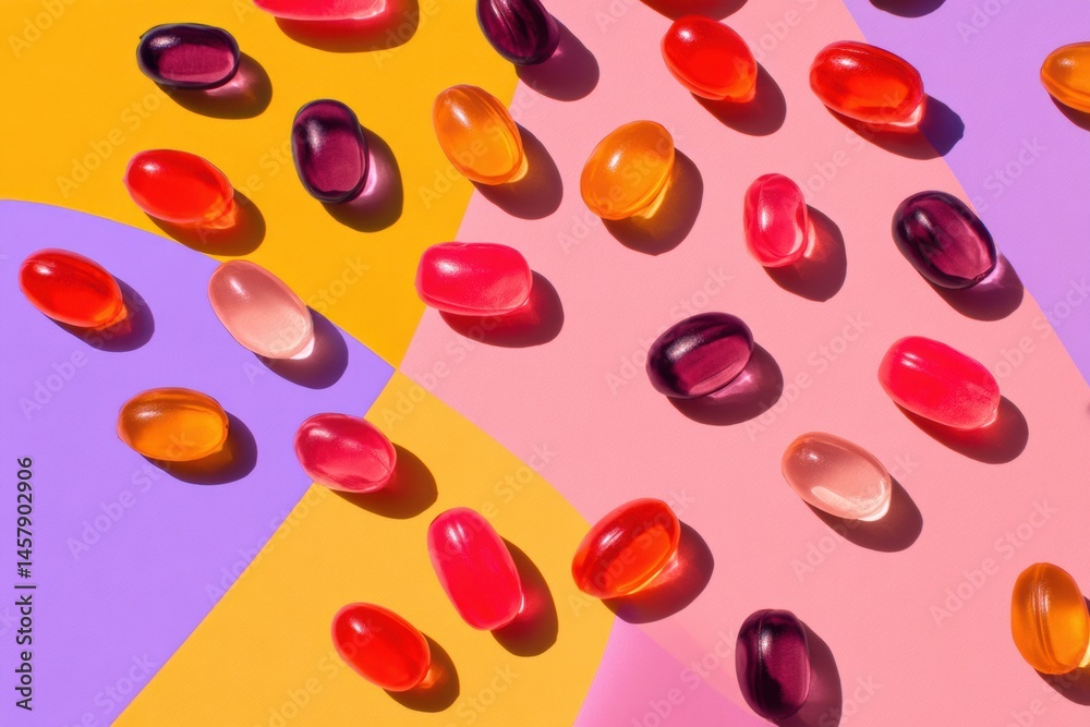Poster Vibrant Scattered Vitamin Gummies Arranged Creatively on Colorful Background in a Playful Layout Generative AI