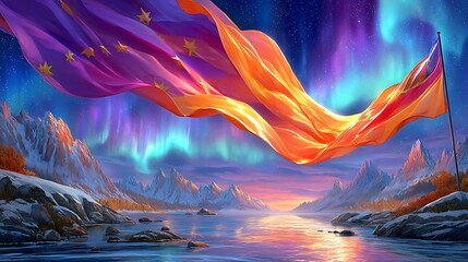 Majestic Flag Waves Under Vibrant Northern Lights in Scenic Mountain Landscape
