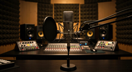Fototapeta premium Professional Recording Studio with Microphone and Mixing Console