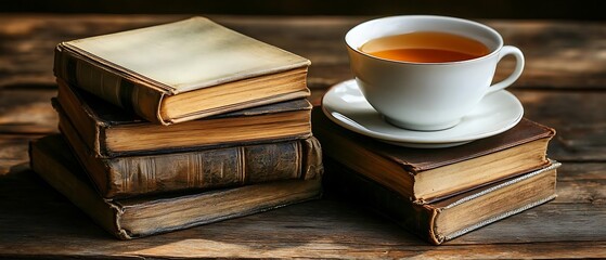 Naklejka premium Tea and antique books on wood