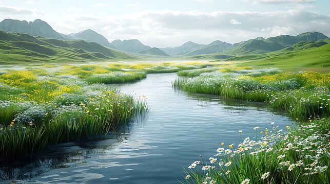 Clear stream winding through bright spring meadow under blue skies and distant green hills 4k background image