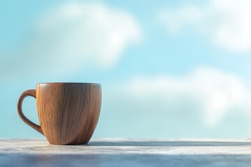 Wooden mug on a table against a sky with clouds.