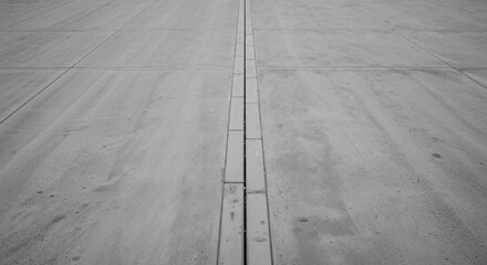 Close-up view of a large outdoor concrete surface featuring prominent expansion joints and a central drainage channel, showing texture and linear patterns