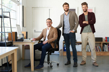 Creative team, smile and men in portrait for startup, leadership and collaboration in office....