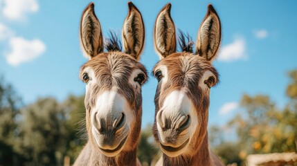 Two Donkeys Smiling at the Camera, Outdoors on a Sunny Day