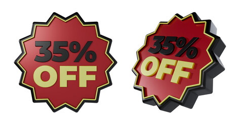 3d render sticker with 35 percent black, red and yellow. discount concept on black friday celebration day
