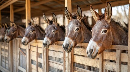 Donkeys in Wooden Stable Stalls, Rural Animal Farm Scene