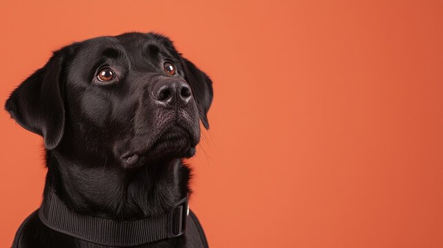 A black Labrador dog wearing a collar sits against a plain orange background, looking upwards with a calm and attentive expression.